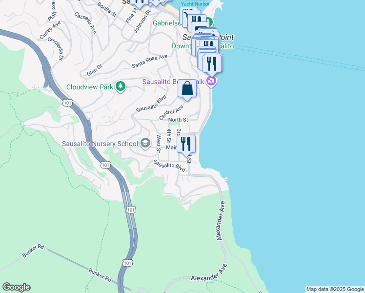 map of restaurants, bars, coffee shops, grocery stores, and more near in Sausalito
