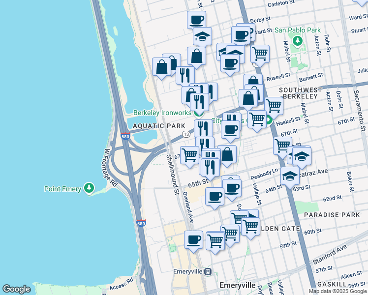 map of restaurants, bars, coffee shops, grocery stores, and more near 1488 67th Street in Emeryville