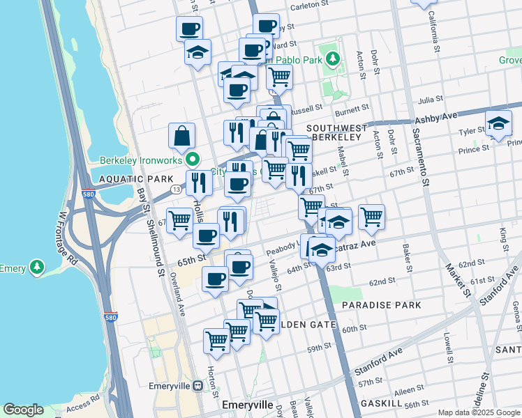 map of restaurants, bars, coffee shops, grocery stores, and more near 123 City Limits Circle in Oakland
