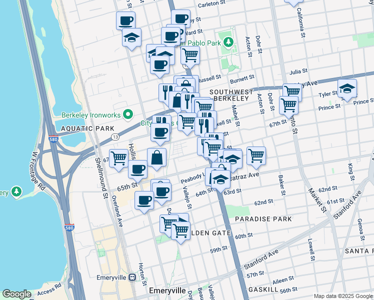 map of restaurants, bars, coffee shops, grocery stores, and more near 1174 66th Street in Oakland