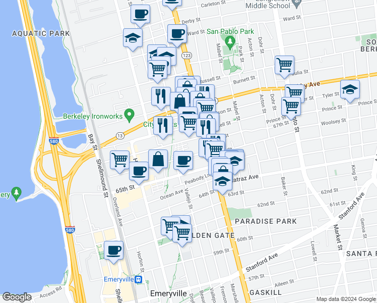map of restaurants, bars, coffee shops, grocery stores, and more near 1174 66th Street in Oakland