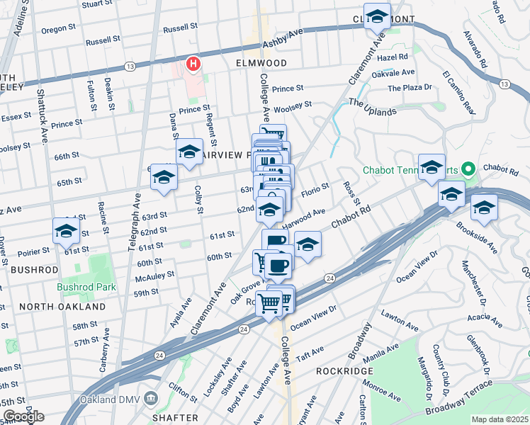 map of restaurants, bars, coffee shops, grocery stores, and more near 6081 Claremont Avenue in Oakland