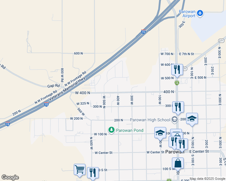map of restaurants, bars, coffee shops, grocery stores, and more near 438 West 400 North in Parowan