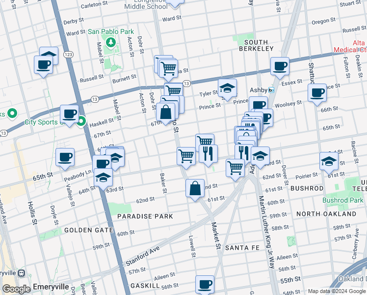 map of restaurants, bars, coffee shops, grocery stores, and more near 1522 Fairview Street in Berkeley