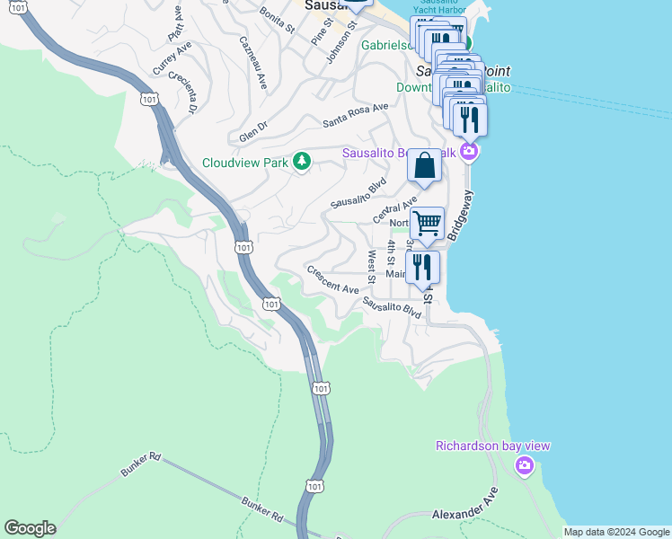 map of restaurants, bars, coffee shops, grocery stores, and more near 3 Lower Crescent Avenue in Sausalito