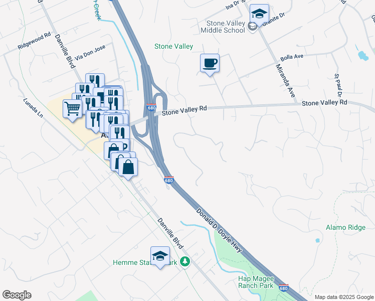 map of restaurants, bars, coffee shops, grocery stores, and more near 1021 Via del Gato in Alamo