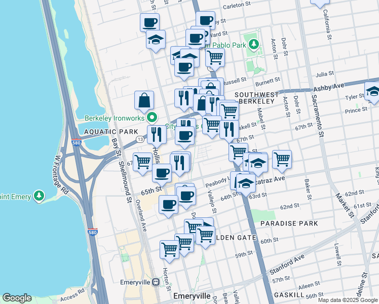 map of restaurants, bars, coffee shops, grocery stores, and more near 1255 67th Street in Emeryville