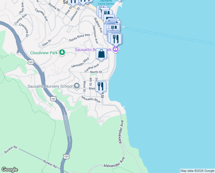 map of restaurants, bars, coffee shops, grocery stores, and more near 211 Bridgeway in Sausalito
