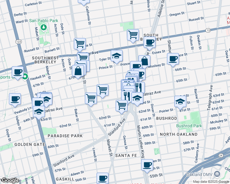 map of restaurants, bars, coffee shops, grocery stores, and more near 1642 Harmon Street in Berkeley