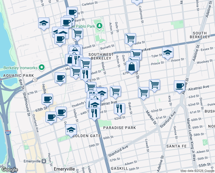 map of restaurants, bars, coffee shops, grocery stores, and more near 1218 66th Street in Berkeley