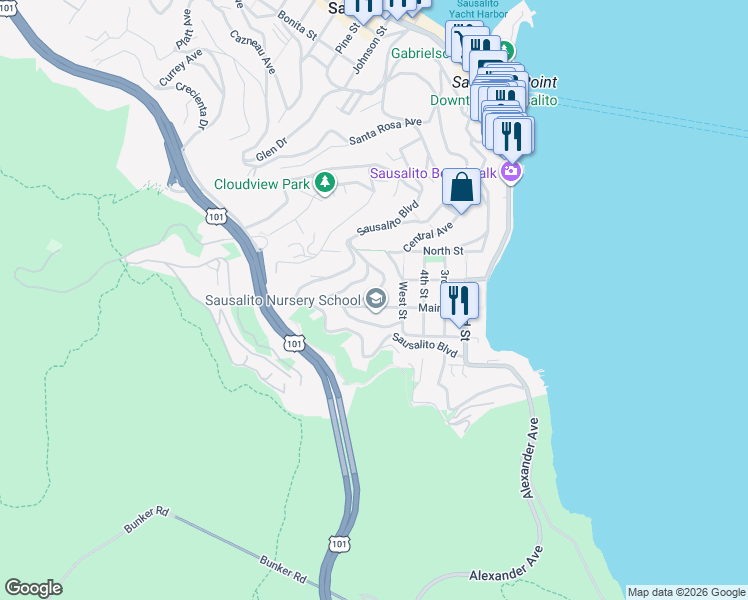 map of restaurants, bars, coffee shops, grocery stores, and more near 32 Lower Crescent Avenue in Sausalito