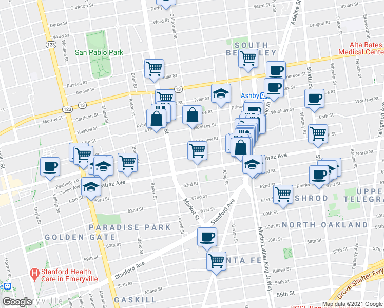 map of restaurants, bars, coffee shops, grocery stores, and more near 1611 Harmon Street in Berkeley