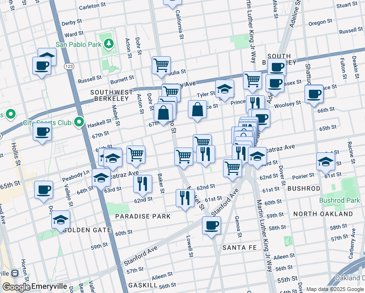 map of restaurants, bars, coffee shops, grocery stores, and more near 1522 Fairview Street in Berkeley