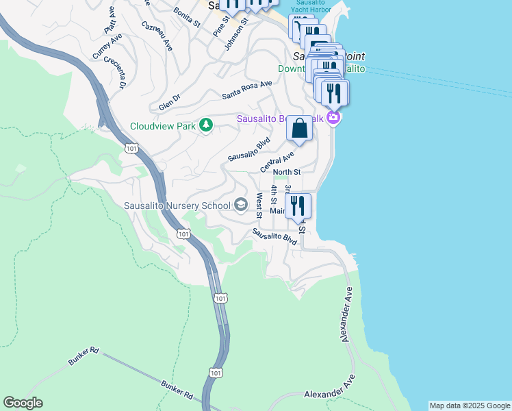 map of restaurants, bars, coffee shops, grocery stores, and more near 32 Lower Crescent Avenue in Sausalito