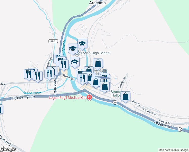 map of restaurants, bars, coffee shops, grocery stores, and more near 414 Dingess Street in Logan