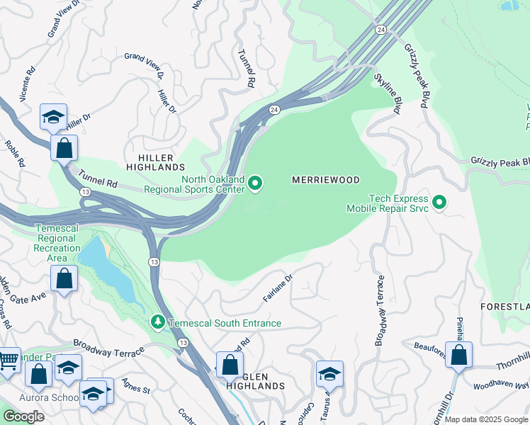 map of restaurants, bars, coffee shops, grocery stores, and more near 6900 Broadway in Oakland