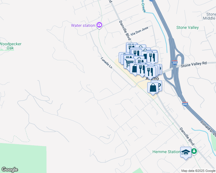 map of restaurants, bars, coffee shops, grocery stores, and more near 118 Romero Circle in Alamo