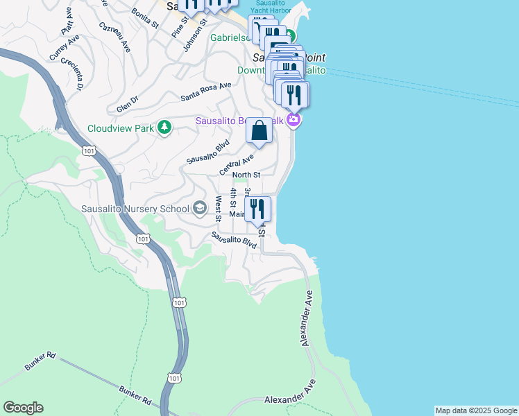 map of restaurants, bars, coffee shops, grocery stores, and more near in Sausalito