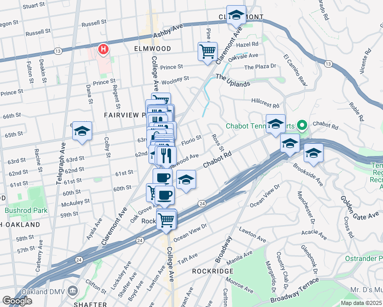 map of restaurants, bars, coffee shops, grocery stores, and more near 6126 Harwood Avenue in Oakland