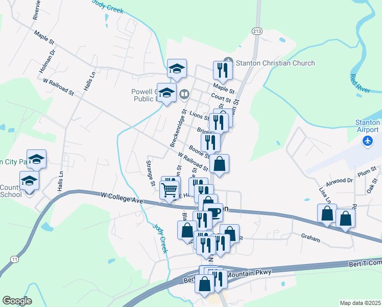 map of restaurants, bars, coffee shops, grocery stores, and more near 105 Boone Street in Stanton