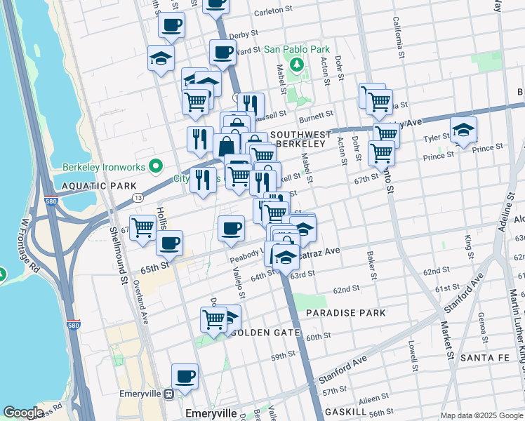 map of restaurants, bars, coffee shops, grocery stores, and more near 6623 San Pablo Avenue in Oakland