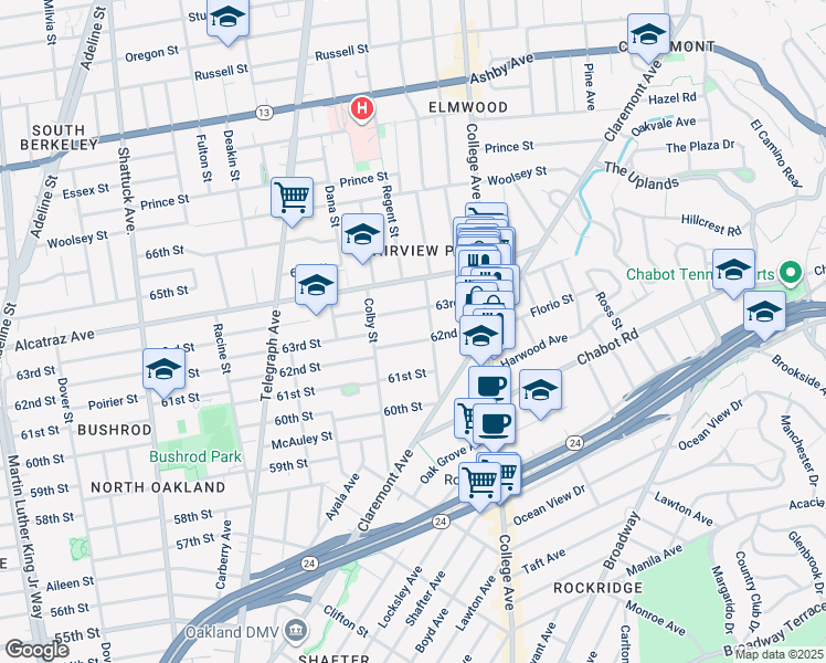 map of restaurants, bars, coffee shops, grocery stores, and more near 6211 Hillegass Avenue in Oakland