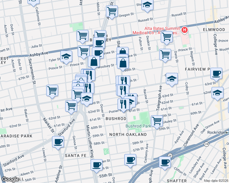 map of restaurants, bars, coffee shops, grocery stores, and more near in Oakland