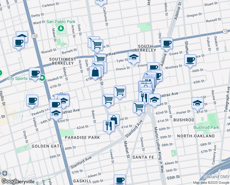 map of restaurants, bars, coffee shops, grocery stores, and more near 1522 Fairview Street in Berkeley
