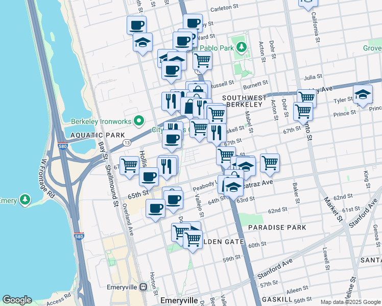 map of restaurants, bars, coffee shops, grocery stores, and more near 1155 67th Street in Oakland