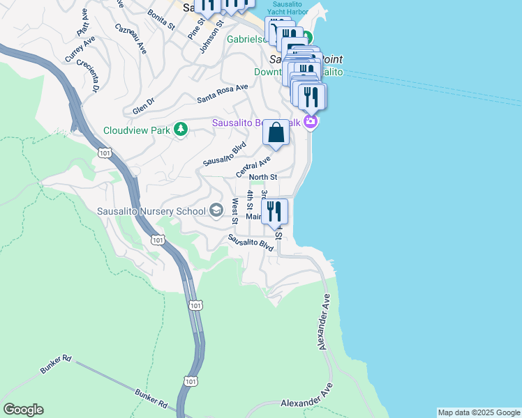 map of restaurants, bars, coffee shops, grocery stores, and more near 216 4th Street in Sausalito