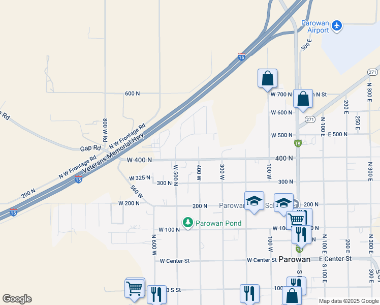 map of restaurants, bars, coffee shops, grocery stores, and more near 438 West 400 North in Parowan