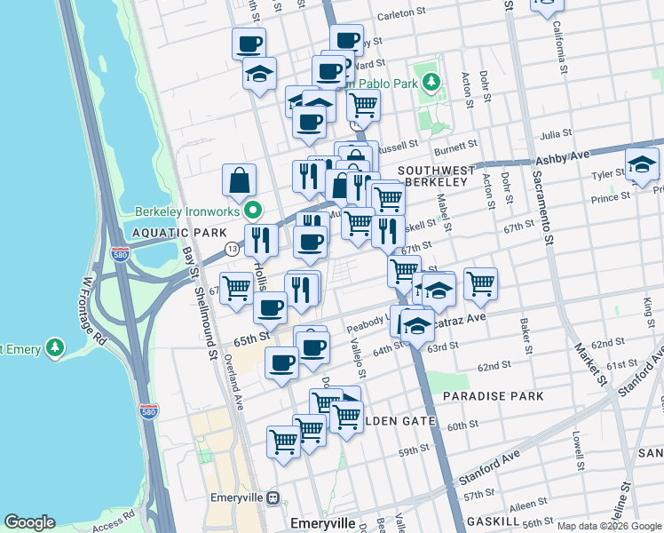 map of restaurants, bars, coffee shops, grocery stores, and more near 23 City Limits Circle in Emeryville