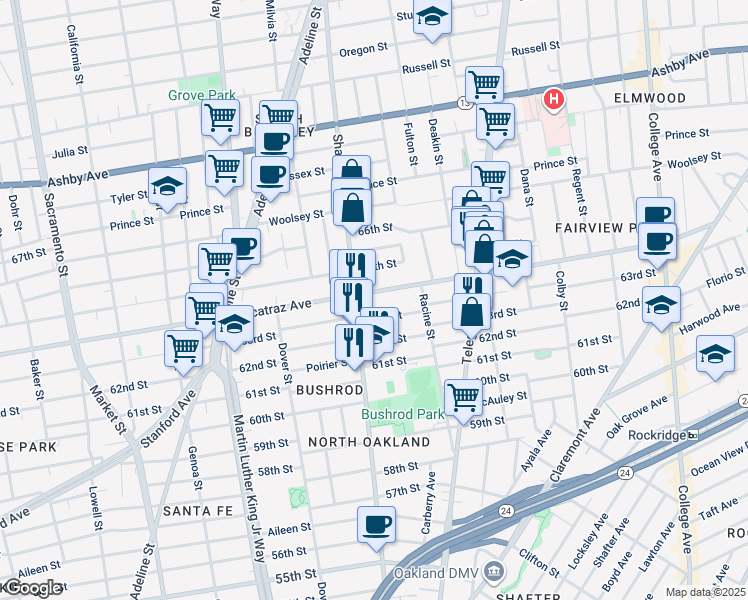map of restaurants, bars, coffee shops, grocery stores, and more near 667 Alcatraz Avenue in Oakland