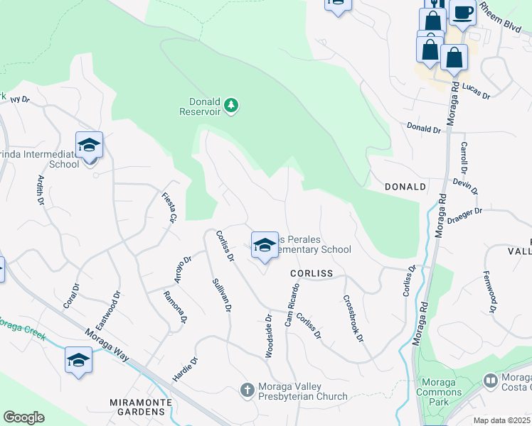 map of restaurants, bars, coffee shops, grocery stores, and more near 7 Ashbrook Place in Moraga