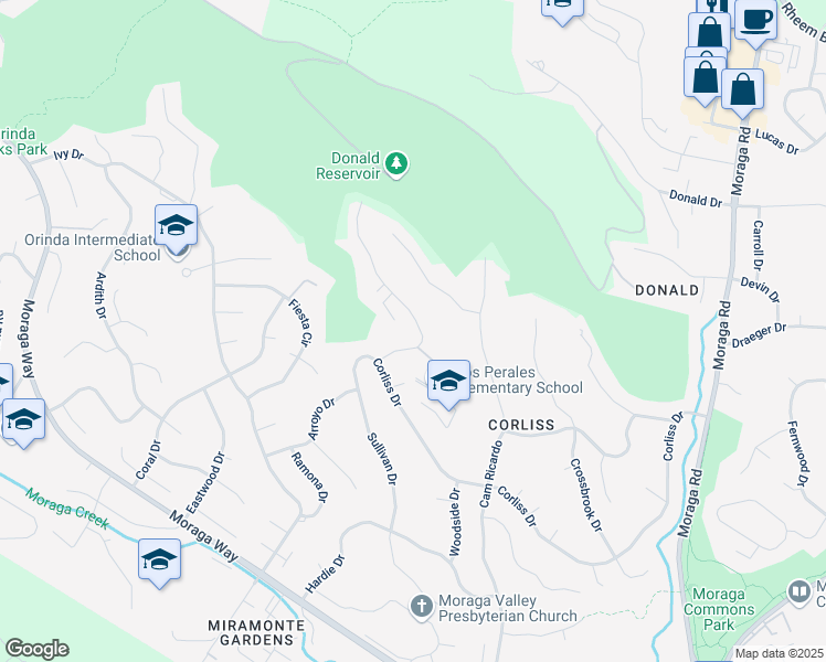 map of restaurants, bars, coffee shops, grocery stores, and more near 57 Warfield Drive in Moraga