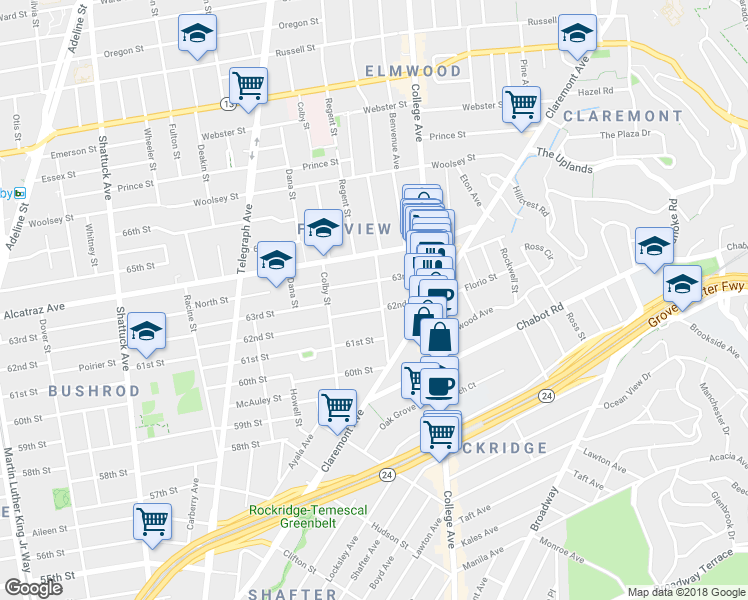 map of restaurants, bars, coffee shops, grocery stores, and more near 6211 Hillegass Avenue in Oakland