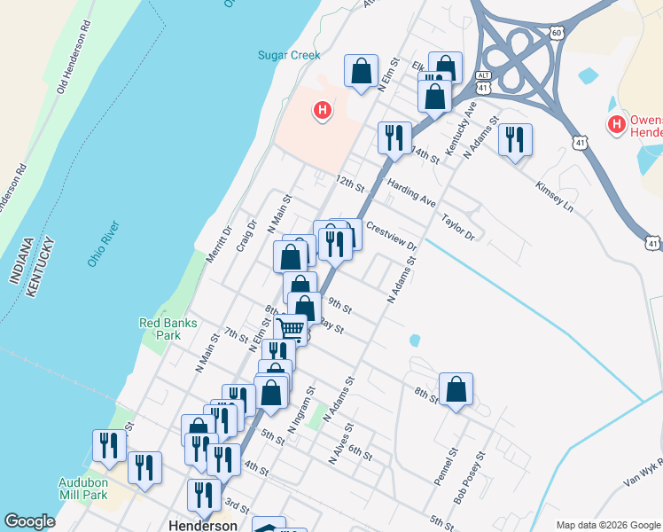 map of restaurants, bars, coffee shops, grocery stores, and more near 939 North Green Street in Henderson