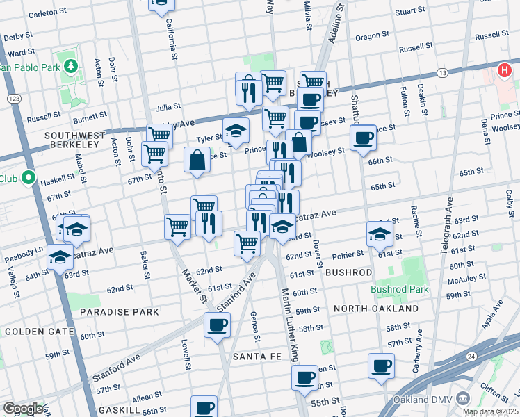 map of restaurants, bars, coffee shops, grocery stores, and more near 1800 Harmon Street in Berkeley