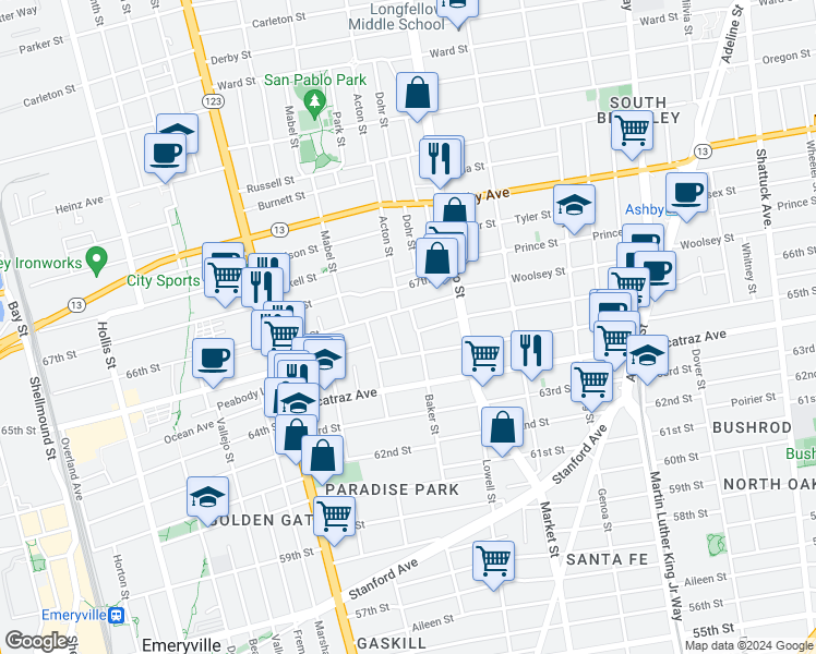 map of restaurants, bars, coffee shops, grocery stores, and more near 1401 Fairview Street in Berkeley