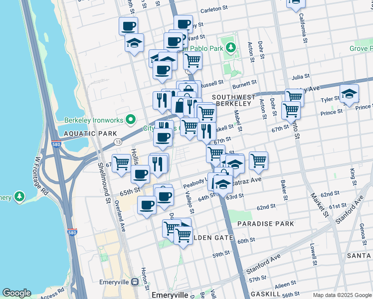 map of restaurants, bars, coffee shops, grocery stores, and more near 1155 67th Street in Oakland