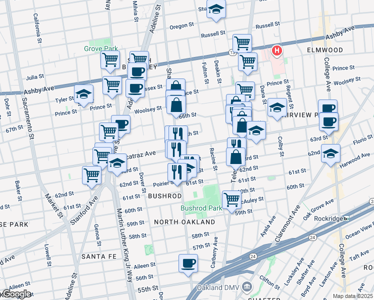 map of restaurants, bars, coffee shops, grocery stores, and more near 667 Alcatraz Avenue in Oakland