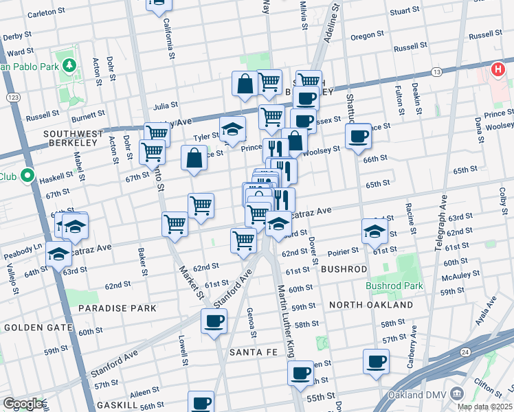 map of restaurants, bars, coffee shops, grocery stores, and more near 1800 Harmon Street in Berkeley