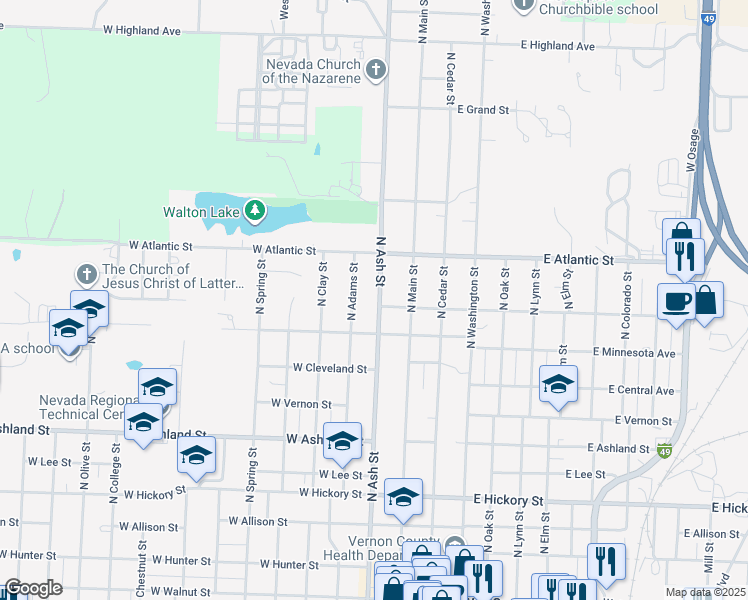 map of restaurants, bars, coffee shops, grocery stores, and more near 1205 North Ash Street in Nevada