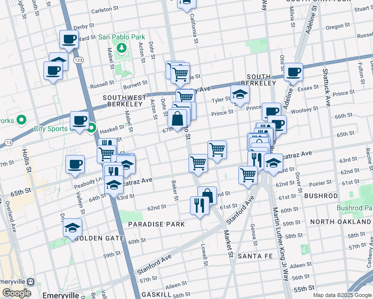 map of restaurants, bars, coffee shops, grocery stores, and more near 3200 Sacramento Street in Berkeley