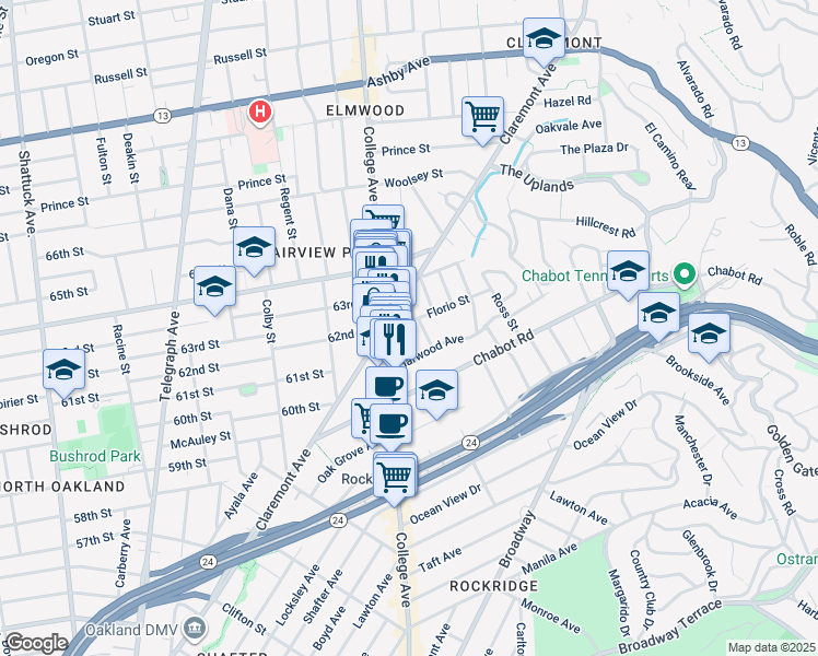 map of restaurants, bars, coffee shops, grocery stores, and more near 6229 Florio Street in Oakland