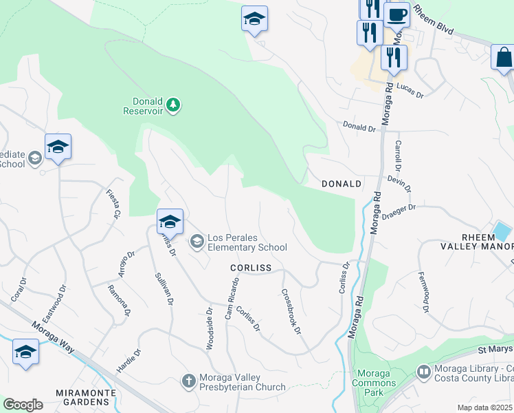 map of restaurants, bars, coffee shops, grocery stores, and more near 710 Crossbrook Drive in Moraga