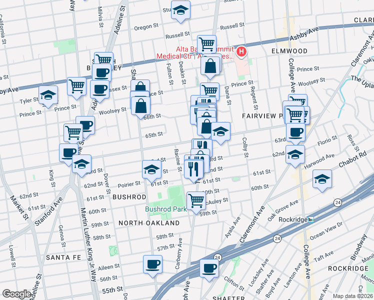 map of restaurants, bars, coffee shops, grocery stores, and more near 546 North Street in Oakland