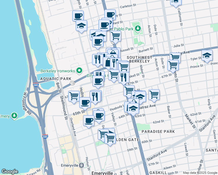 map of restaurants, bars, coffee shops, grocery stores, and more near 1213 67th Street in Oakland