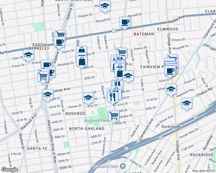 map of restaurants, bars, coffee shops, grocery stores, and more near 552 North Street in Oakland