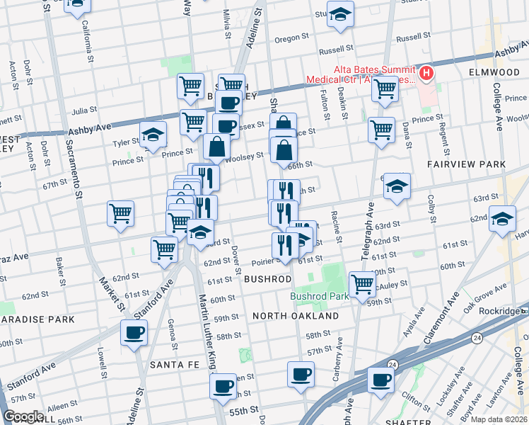 map of restaurants, bars, coffee shops, grocery stores, and more near in Oakland